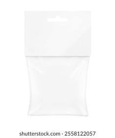 Transparent plastic bag with paperboard label mockup. Vector illustration isolated on white background. Ready for your design, promo, adv. EPS10.