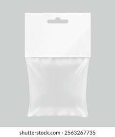 Transparent plastic bag with paperboard label mockup. Vector illustration isolated on grey background. Ready for your design, promo, adv. EPS10.	