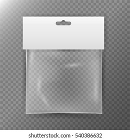 Transparent Plastic Bag. Reality Nylon Icon Background. Sealed Empty Transparent Bag Close Up. White Blank With Hang Slot. Mock Up Template For Your Design. Vector Illustration