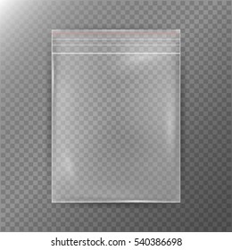 Transparent Plastic Bag. Reality Nylon Icon Background. Sealed Empty Transparent Zipper Bag Close Up. Mock Up Template For Your Design. Vector Illustration
