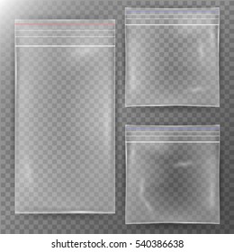 Transparent Plastic Bag. Set Reality Nylon Icon Background. Sealed Empty Transparent Zipper Bag Close Up. Mock Up Template For Your Design. Vector Illustration