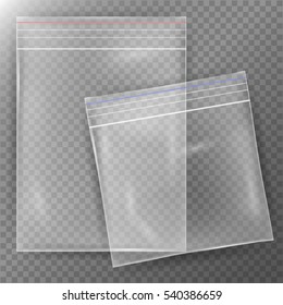 Transparent Plastic Bag. Set Reality Nylon Icon Background. Sealed Empty Transparent Zipper Bag Close Up. Mock Up Template For Your Design. Vector Illustration