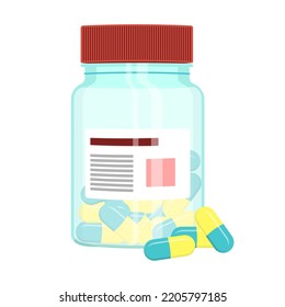 Transparent plastic, blue amber glass bottles for medicines full of pills or dragee vials closed with cap isolated 
