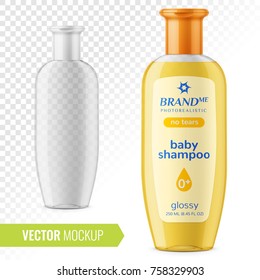 Transparent plastic bottle for baby shampoo, shower gel, lotion, body milk, bath foam. Photo-realistic packaging mockup template with sample design. Front view. Vector 3d illustration.