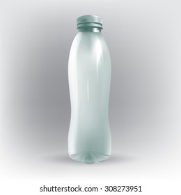 Transparent plastic bottle with blank advertising space, text, vector