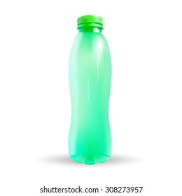Transparent plastic bottle with blank advertising space, text, vector