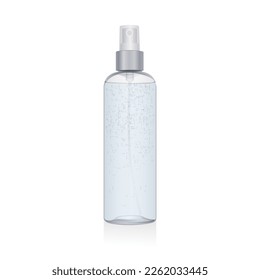 Transparent and plastic bottle with blue liquid. Mockup of round plastic packaging with silver spray isolated on white background. Clear PET container. Bottle template for sanitizer, shower gel, tonic