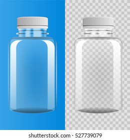 Transparent plastic bottle on blue and transparent background, vector illustration