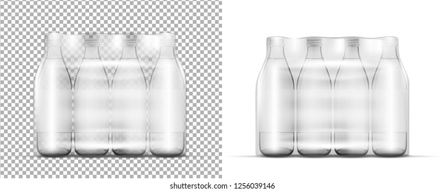 Transparent plastic bottle packaging and glass bottle with cap.