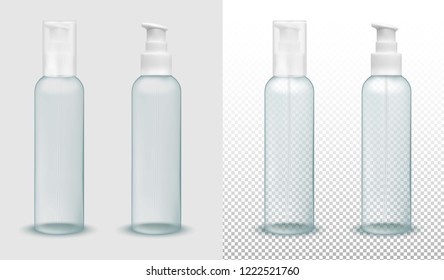 Transparent plastic bottle with pump dispenser. Hand antiseptic