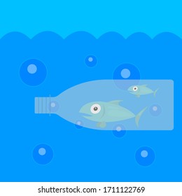 transparent plastic bottle with surprised fish swims underwater concept of pollution of the oceans and the environment