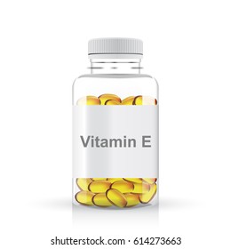 Transparent plastic bottle of vitamin e pills, isolated on white