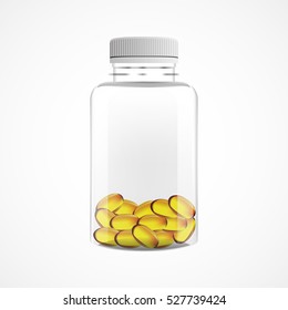 Transparent plastic bottle of yellow pills, isolated on white, medicine,