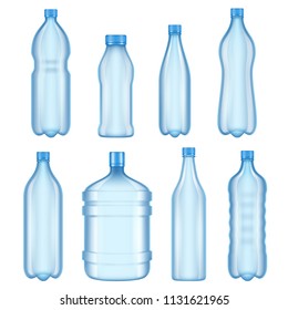 Transparent plastic bottles. Vector illustrations of bottles for water. Container transparent collection for water