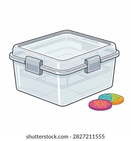 Transparent plastic box with locking clips and multicolored circular lids