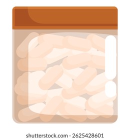 Transparent plastic container full of oval shaped light brown pills, ideal for illustrating medical treatment or pharmaceutical products