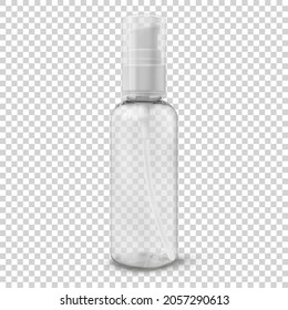 Botella plástica transparente cosmética con la bomba de ilustración vectorial realista. Contenedor para el limpiador de gel, loción, crema facial. Paquete de belleza en formato de viaje