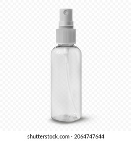 Transparent plastic cosmetic bottle with spray realistic vector illustration, isolated. Container for sanitizer, mist, thermal water