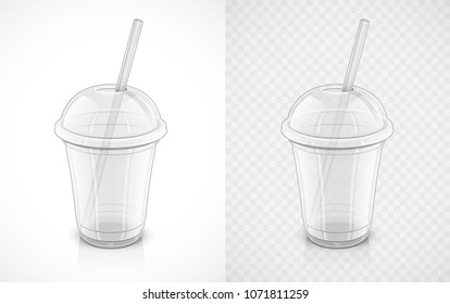 Transparent plastic cup. Fast-food pack for drink with pipe. Mug for juice, water, coffee, tea, smoothie. Recycling utensils. Isolated white background. EPS10 vector illustration.