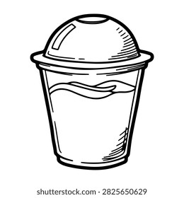 A transparent plastic cup with a lid and straw, designed for cold drinks and beverages, ideal for takeout and casual dining.