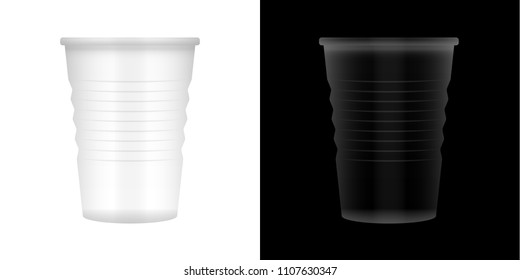 Transparent Plastic Cup. Mock Up For Your Design. Photo Realistic Vector Illustration on white and black background.