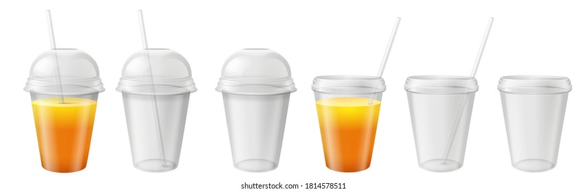 Transparent plastic cup. Takeaway mug with lid and straw. Juice, ice tea and water beverage container realistic vector mockups. Illustration plastic transparent container with dome for tea and juice