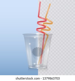Transparent plastic cup template for soda or cold beverage with drinking straw, isolated on Transparent background. Packaging collection. Vector EPS 10 illustration.