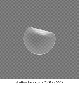 Transparent plastic curved sticker in a round shape. Vector illustration of a realistic crumpled adhesive sticker suitable for label or price tag template. Layout design on transparent background.