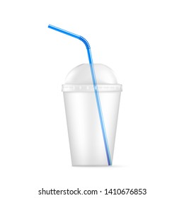 Transparent plastic disposable cup with blue straw. Vector illustration isolated on white background