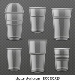 Transparent plastic disposable cups. Empty glasses various size for cold, hot drink for coffee takeaway, juice 3d realistic vector mockup of packaging for take away liquid