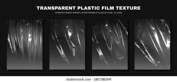 Transparente Plastikfolie, dehnbarer Polyethylenfilm, A4-Größe. plastischer Stretchfilm-Effekt mit zerbrochener und zerknitterter Textur. Vektorgrafik