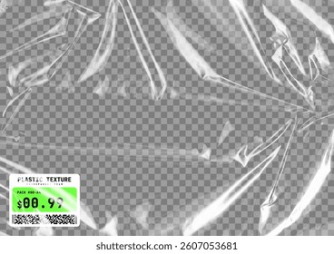 Transparent plastic film texture. Stretchable polyethylene film in A4 size. Plastic stretch cellophane effect with a crumpled and wrinkled texture. Realistic wrapping stretch film. Vector