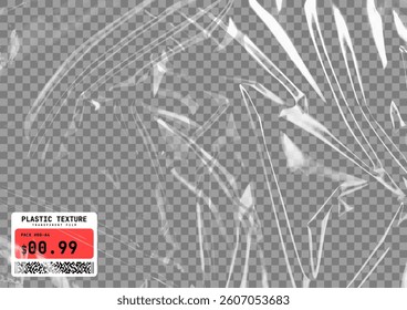 Transparent plastic film texture. Stretchable polyethylene film in A4 size. Plastic stretch cellophane effect with a crumpled and wrinkled texture. Realistic wrapping stretch film. Vector