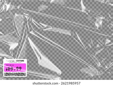 Texture de film plastique transparent. Film étirable en polyéthylène au format A4. Effet cellophane étirable en plastique avec une texture froissée et ridée. Film étirable d'emballage réaliste. Image vectorielle