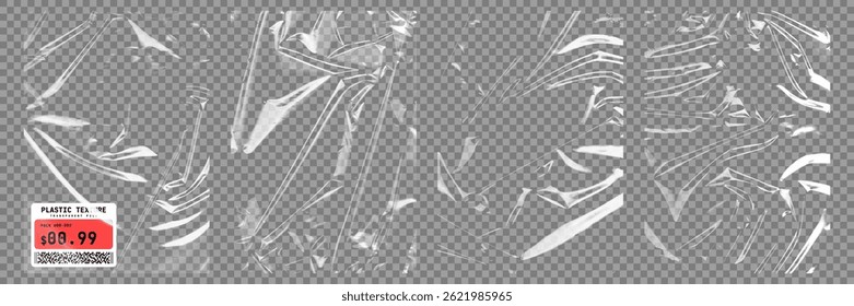 Textura de filme plástico transparente. Película de polietileno estirável em tamanho A4. Efeito de celofane esticado plástico com uma textura amassada e enrugada. Filme de estiramento de embrulho realista. Vetor
