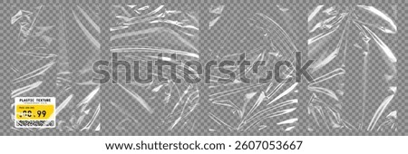Transparent plastic film texture. Stretchable polyethylene film in A4 size. Plastic stretch cellophane effect with a crumpled and wrinkled texture. Realistic wrapping stretch film. Vector
