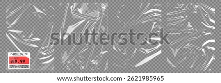 Transparent plastic film texture. Stretchable polyethylene film in A4 size. Plastic stretch cellophane effect with a crumpled and wrinkled texture. Realistic wrapping stretch film. Vector