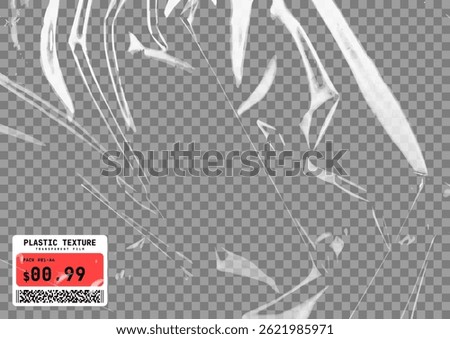 Transparent plastic film texture. Stretchable polyethylene film in A4 size. Plastic stretch cellophane effect with a crumpled and wrinkled texture. Realistic wrapping stretch film. Vector