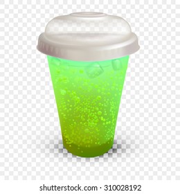 transparent plastic glass with carbonated drink, juice, with space for advertising, vector, isolated on white background