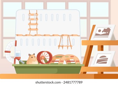 Transparent plastic hamster cage with small house, wheel and hanging drinker. Cute cartoon animal design,with room on background. Vector illustration