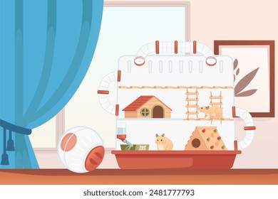 Transparenter Hamsterkäfig aus Kunststoff mit kleinem Haus, Rad und Hängetrinke. Nettes Cartoon-Tier-Design, mit Raum auf Hintergrund. Vektorillustration