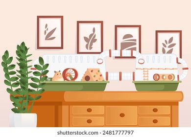 Transparent plastic hamster cage with small house, wheel and hanging drinker. Cute cartoon animal design,with room on background. Vector illustration