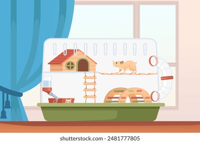 Transparent plastic hamster cage with small house, wheel and hanging drinker. Cute cartoon animal design,with room on background. Vector illustration