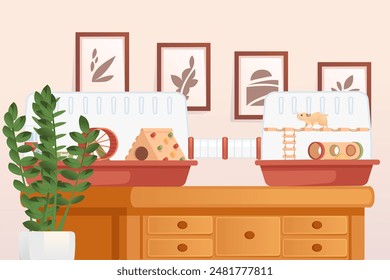 Transparent plastic hamster cage with small house, wheel and hanging drinker. Cute cartoon animal design,with room on background. Vector illustration