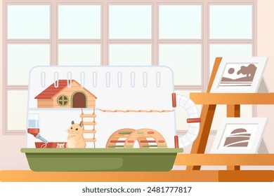 Transparent plastic hamster cage with small house, wheel and hanging drinker. Cute cartoon animal design,with room on background. Vector illustration