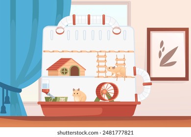 Transparent plastic hamster cage with small house, wheel and hanging drinker. Cute cartoon animal design,with room on background. Vector illustration