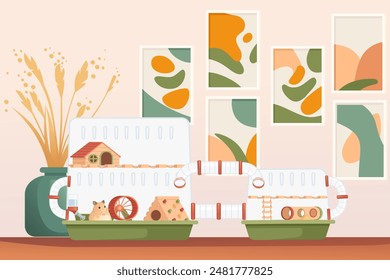 Transparent plastic hamster cage with small house, wheel and hanging drinker. Cute cartoon animal design,with room on background. Vector illustration