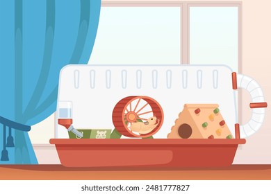 Transparent plastic hamster cage with small house, wheel and hanging drinker. Cute cartoon animal design,with room on background. Vector illustration