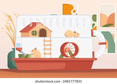 Transparent plastic hamster cage with small house, wheel and hanging drinker. Cute cartoon animal design,with room on background. Vector illustration