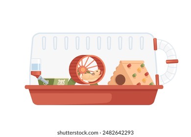 Transparent plastic hamster cage with small house, wheel and hanging drinker. Cute cartoon animal design vector illustration isolated on white background